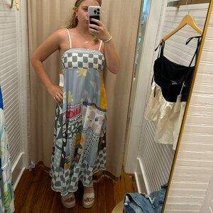 Summer Patchwork Midi Dress with Mixed Geometric and Illustrated Motifs